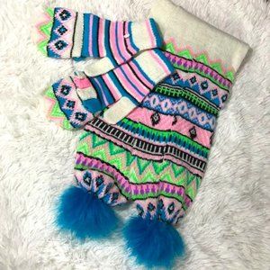 Sequin Sparkle Fair Aisle Pom Pom Scarf & Convertible Mitten to Fingerless Set